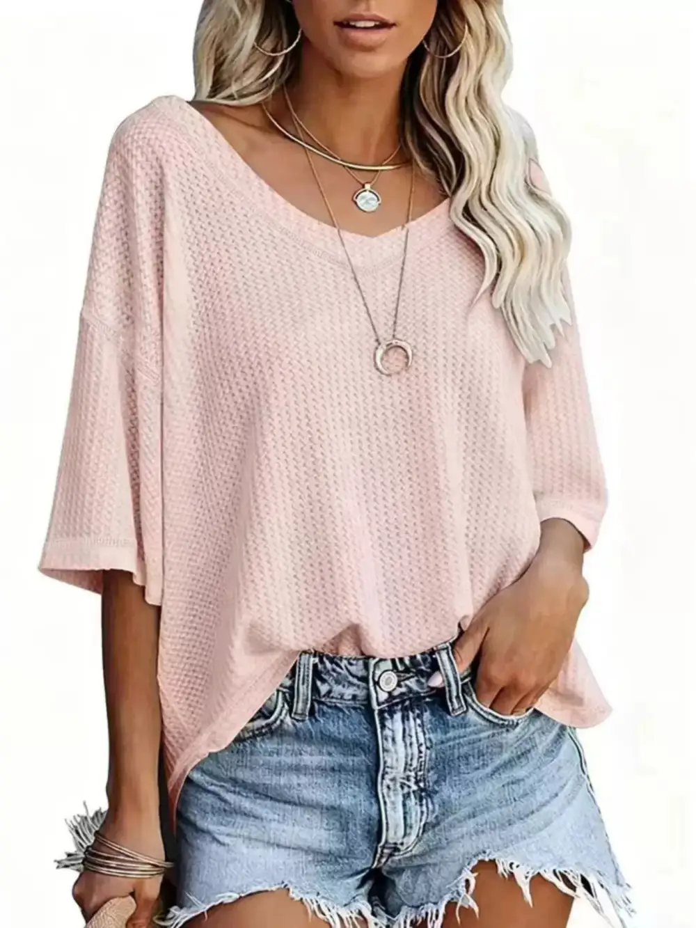 Relaxed V-Neck Short-Sleeve Knit T-Shirt