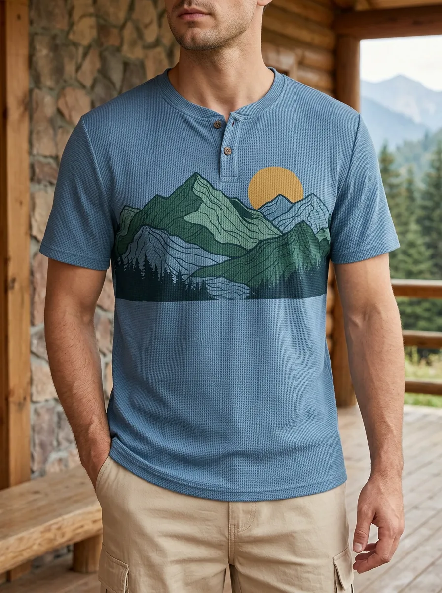 Men's Classic Outdoor Nature Lover Mountain Sunset Henley T-Shirt