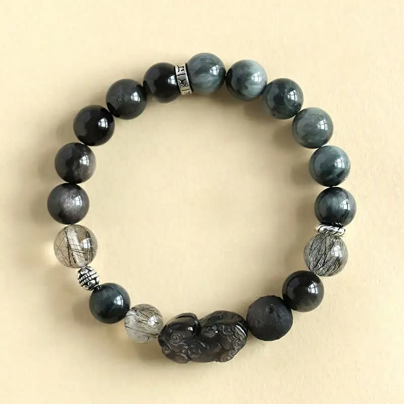 Strawberry Quartz And Obsidian Pixiu Love Hand Bracelet
