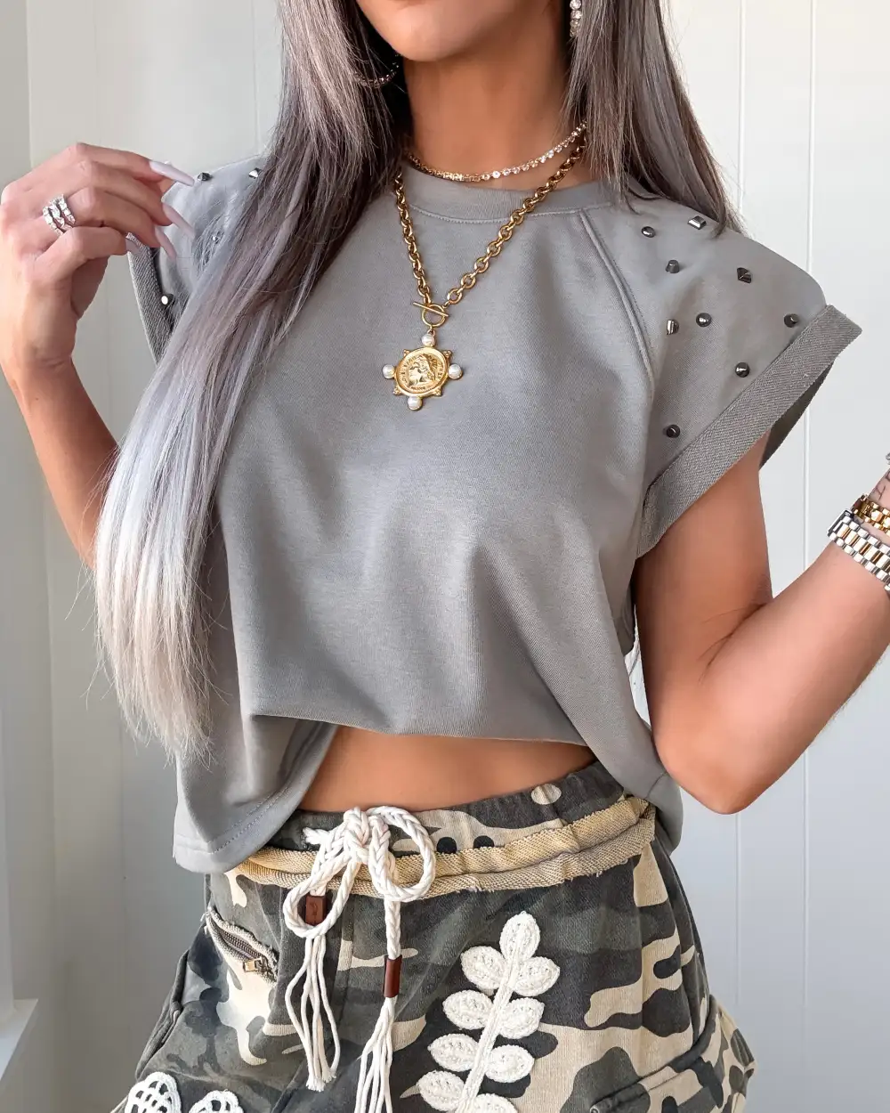 Embellished Sweetheart-Neck Woven Top