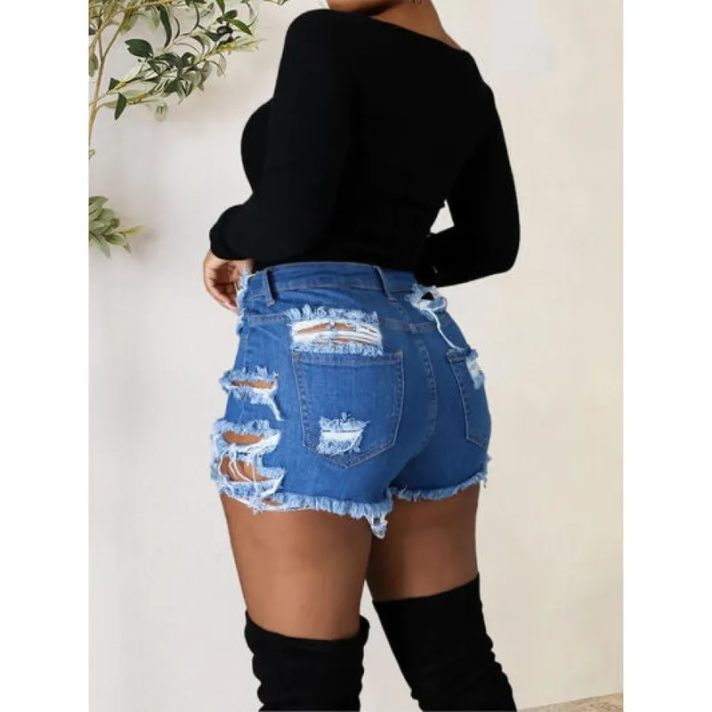Distressed Raw-Hem Denim Shorts with Pockets