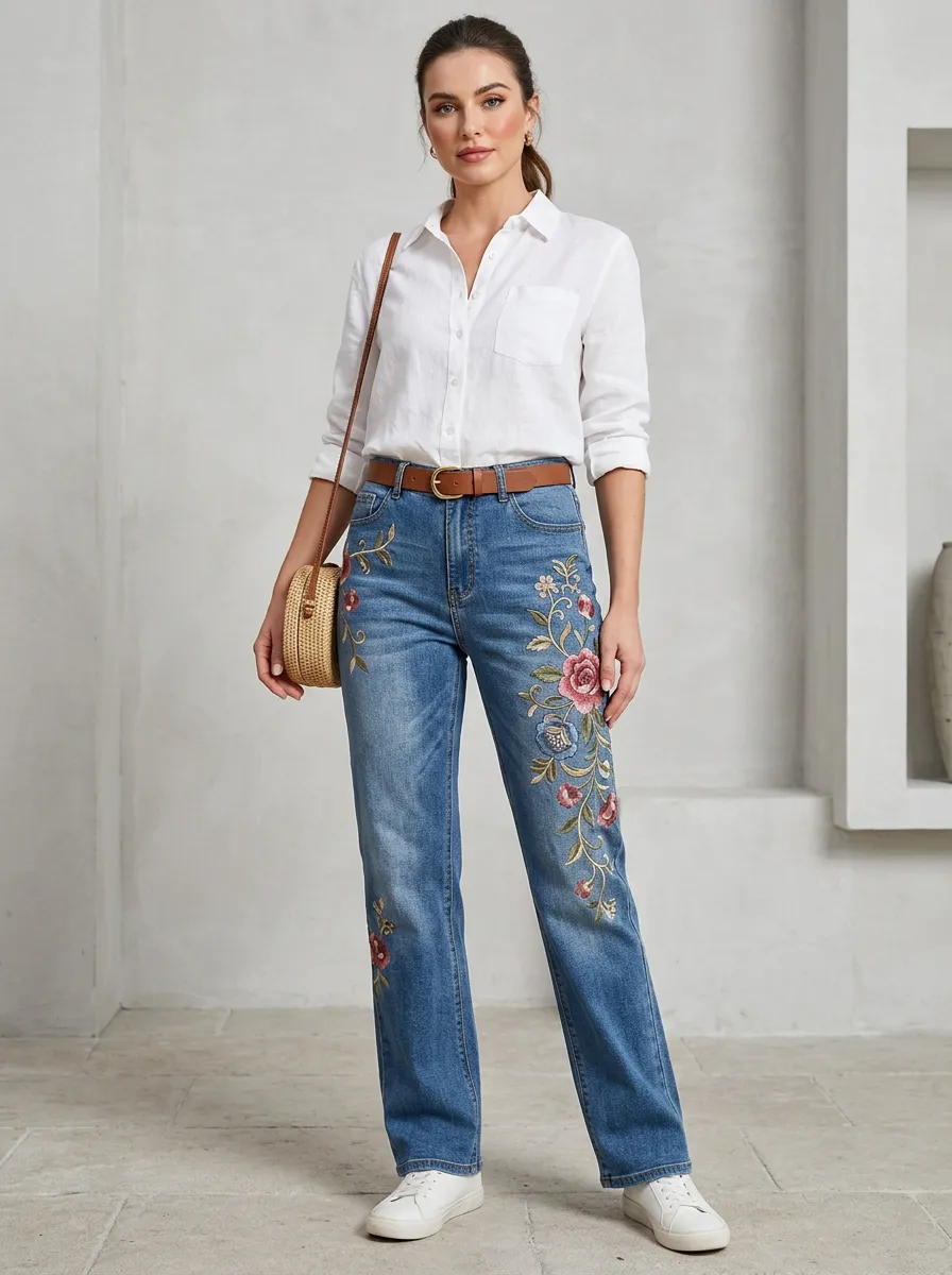 Women's Floral Embroidery Vintage Blue Straight Leg Jeans