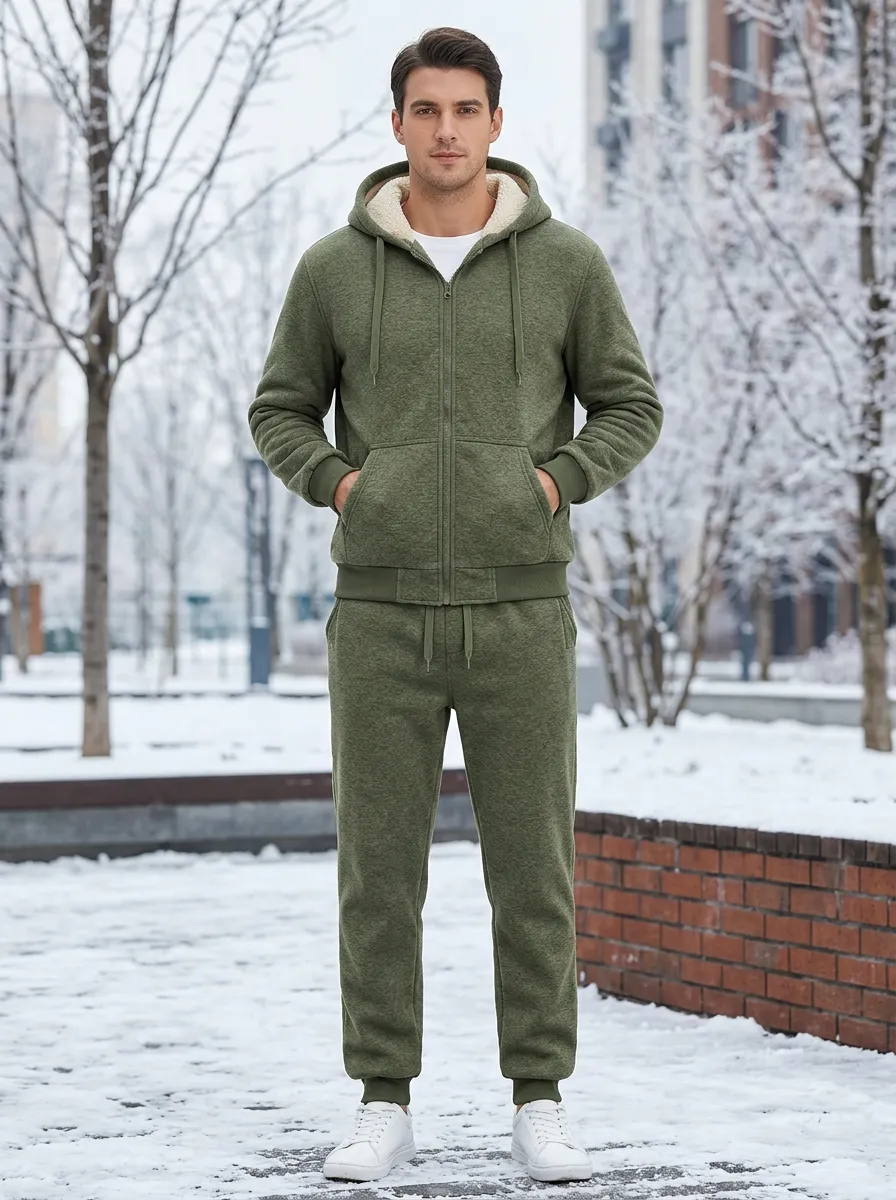 Men's Winter Fleece-Lined Zip-Up Hoodie and Jogger Set with Ribbed Cuffs and Tapered Legs