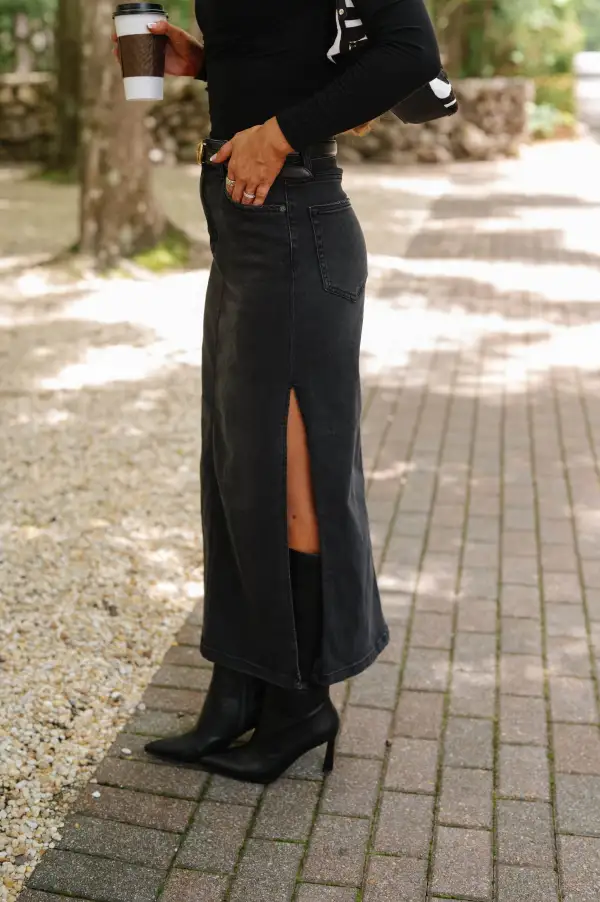 Denim Side Slit High Rise Midi Skirt