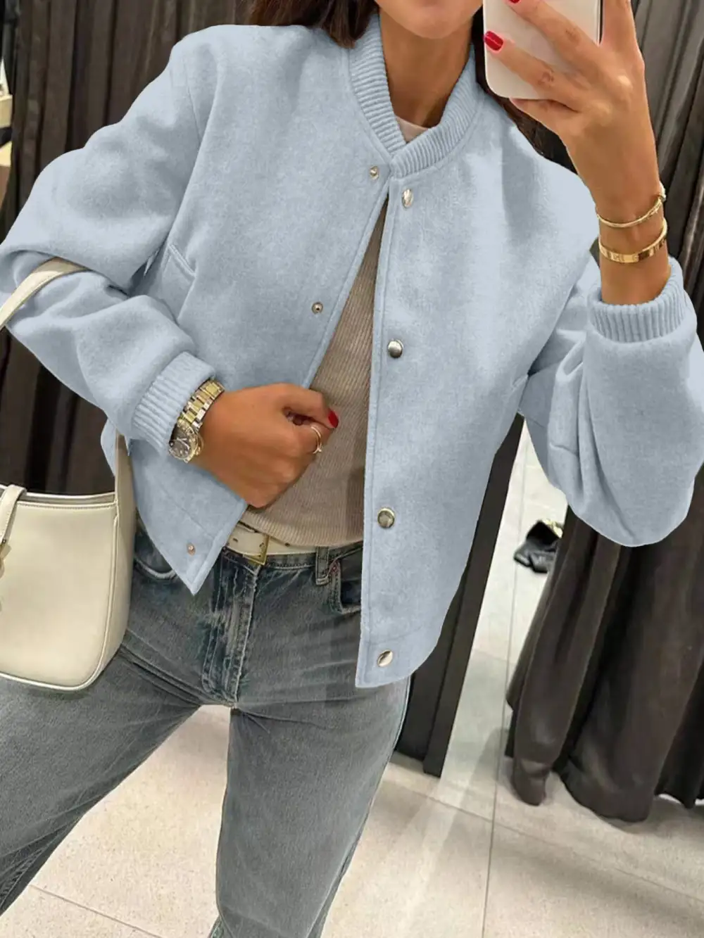 Cropped Teddy Ribbed Trim Bomber Jacket