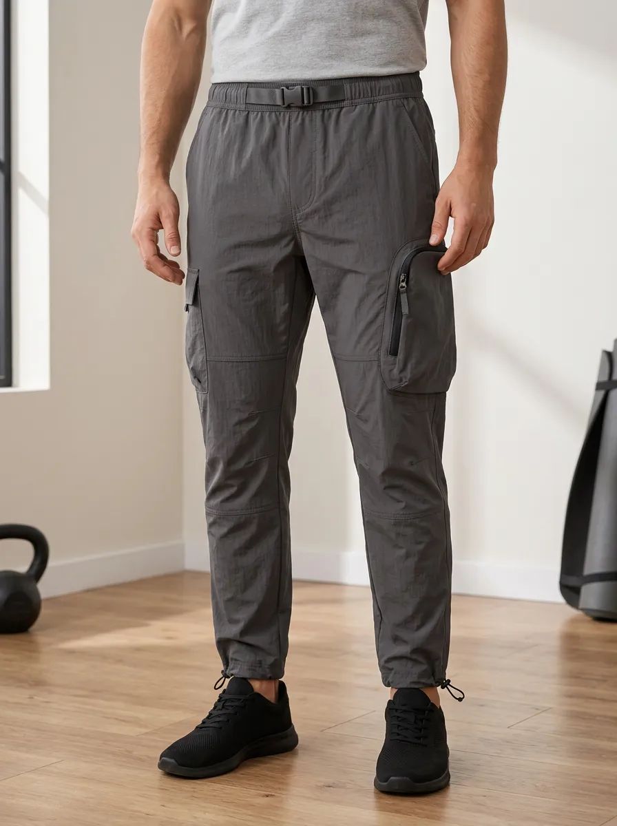 Men's Athletic Outdoor Multi-Pocket Belted Cargo Pants