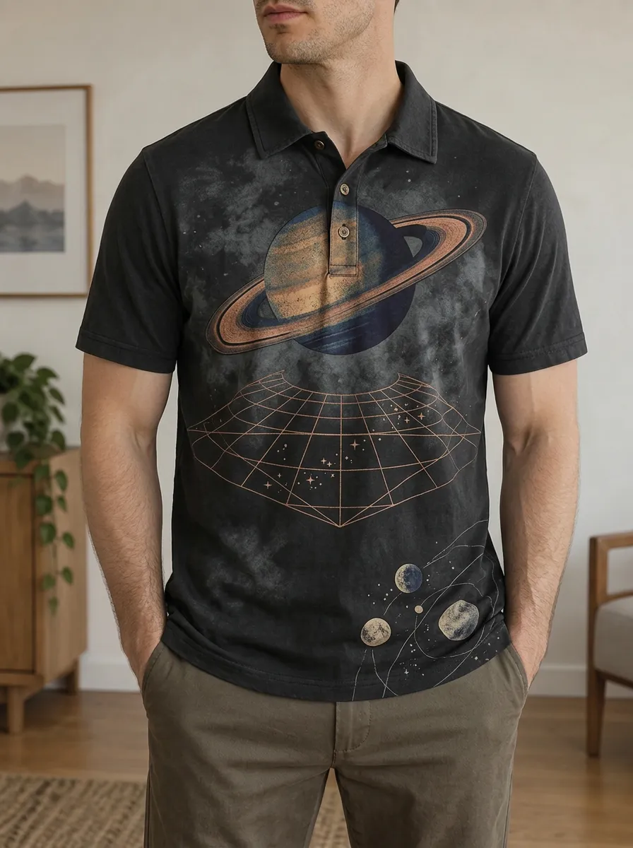 Men's Space Astronomy Lover Saturn Planet Printed Polo Shirt