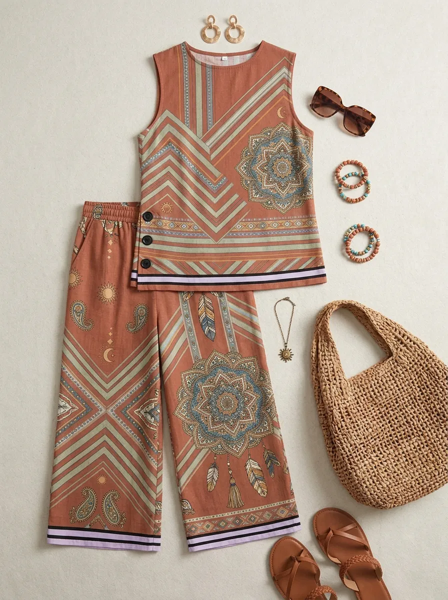 Women's Boho Mandala Feather Printed Sleeveless Set