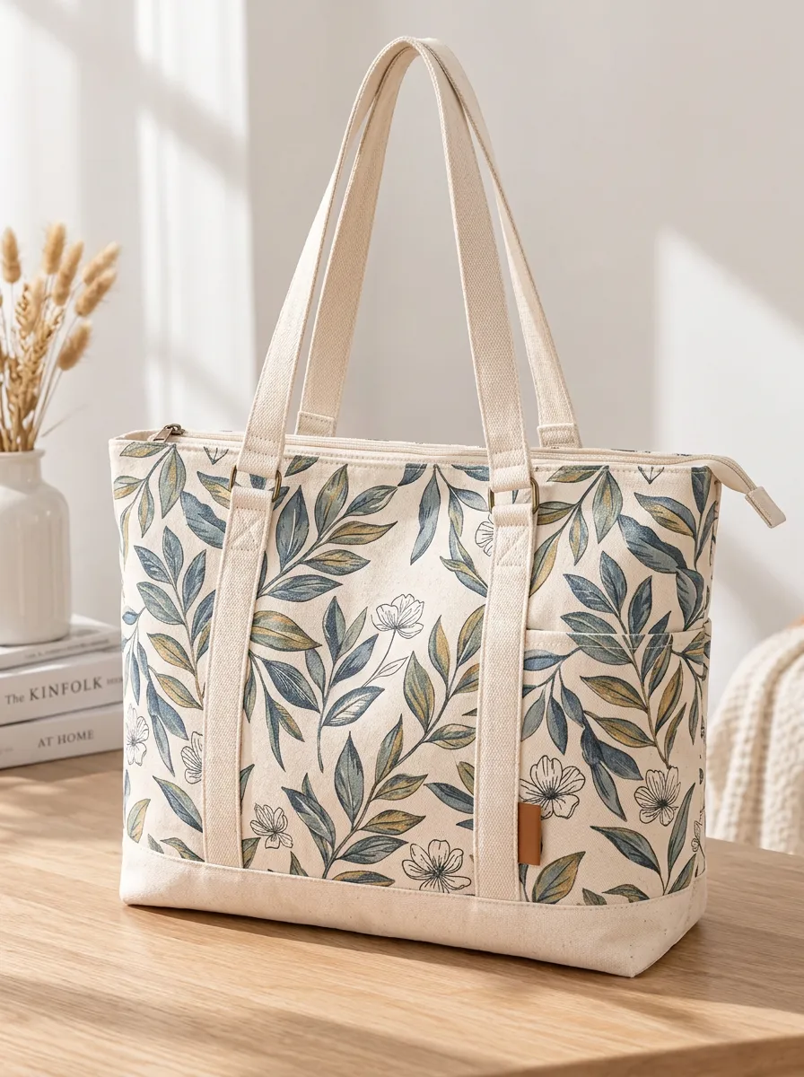 Women's Structured Botanical Floral Leaf Printed Canvas Shoulder Tote Bag