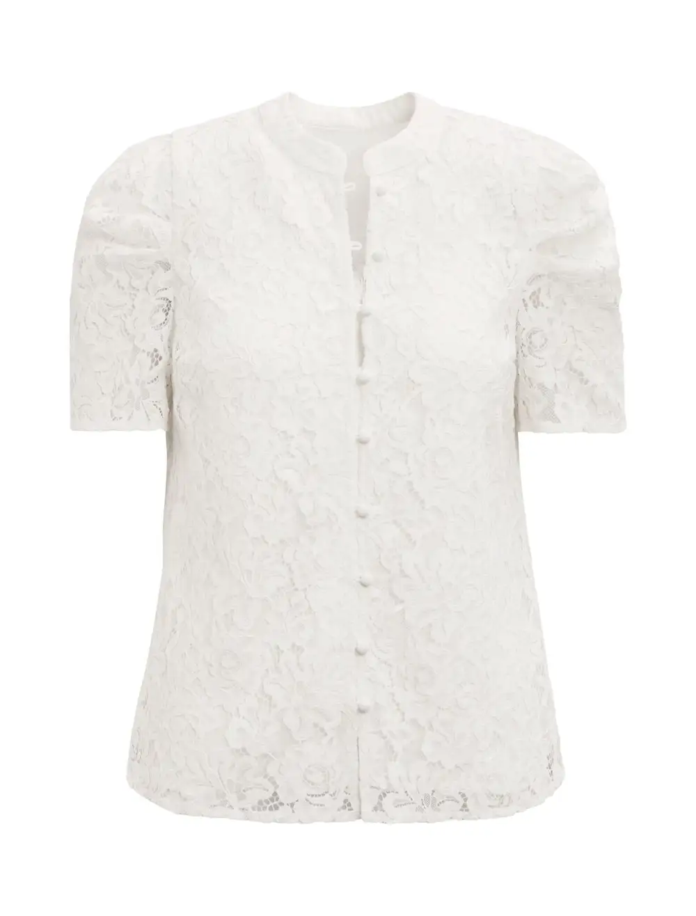 White Lace Short Sleeve Button-Down Blouse