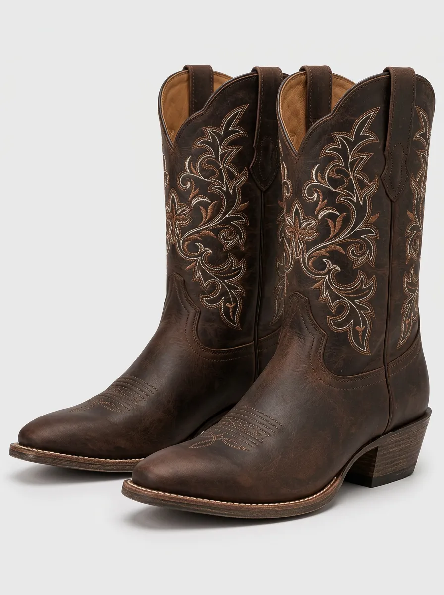 Men's Cowboy Boots in Red with Floral Detail and Embroidered Detail