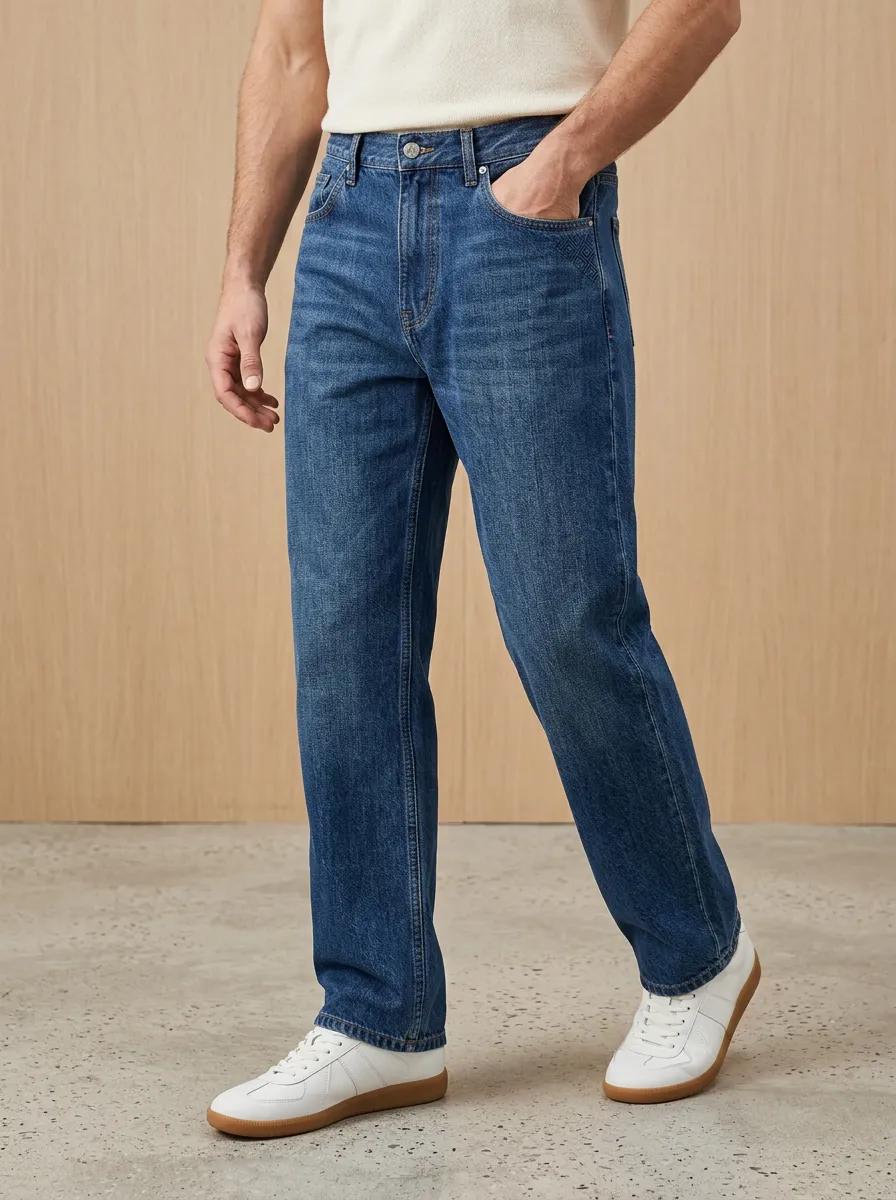 Men's Geometric Pattern Pocket Printed Straight Leg Jeans