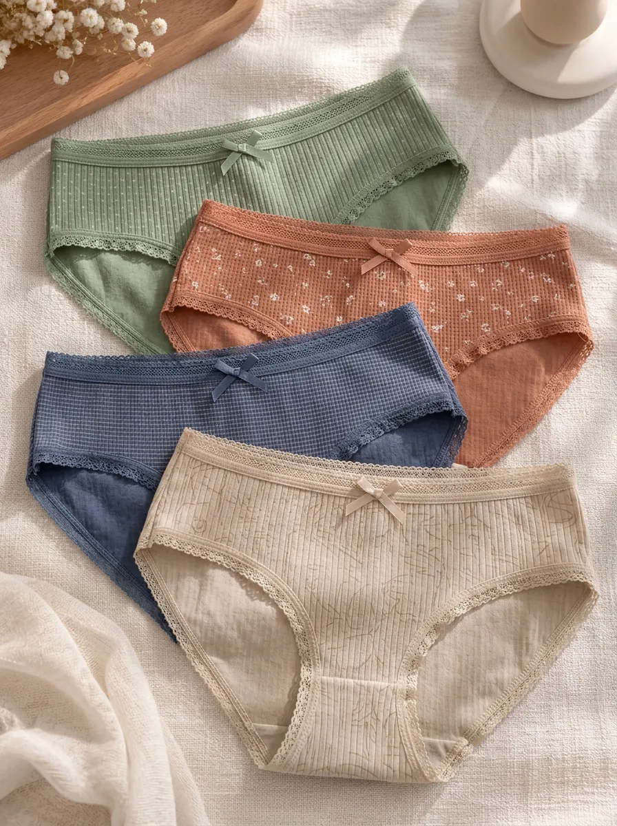 Women's Ribbed Bowknot Floral Printed Cotton Panties Set