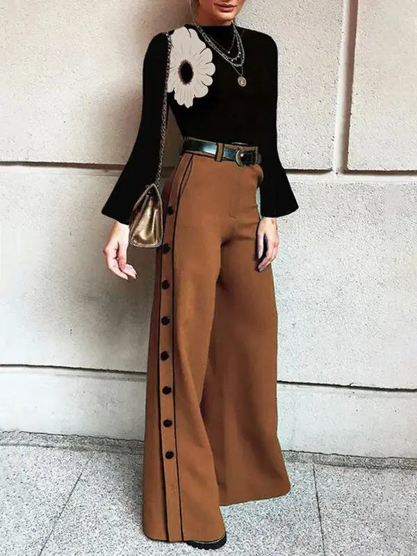 Refined High Waisted Loose Buttoned Pockets Pants Trousers