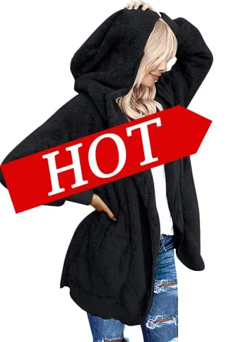 Womens Fuzzy Fleece Open Front Hooded Cardigan Jackets Sherpa Coat with Pockets