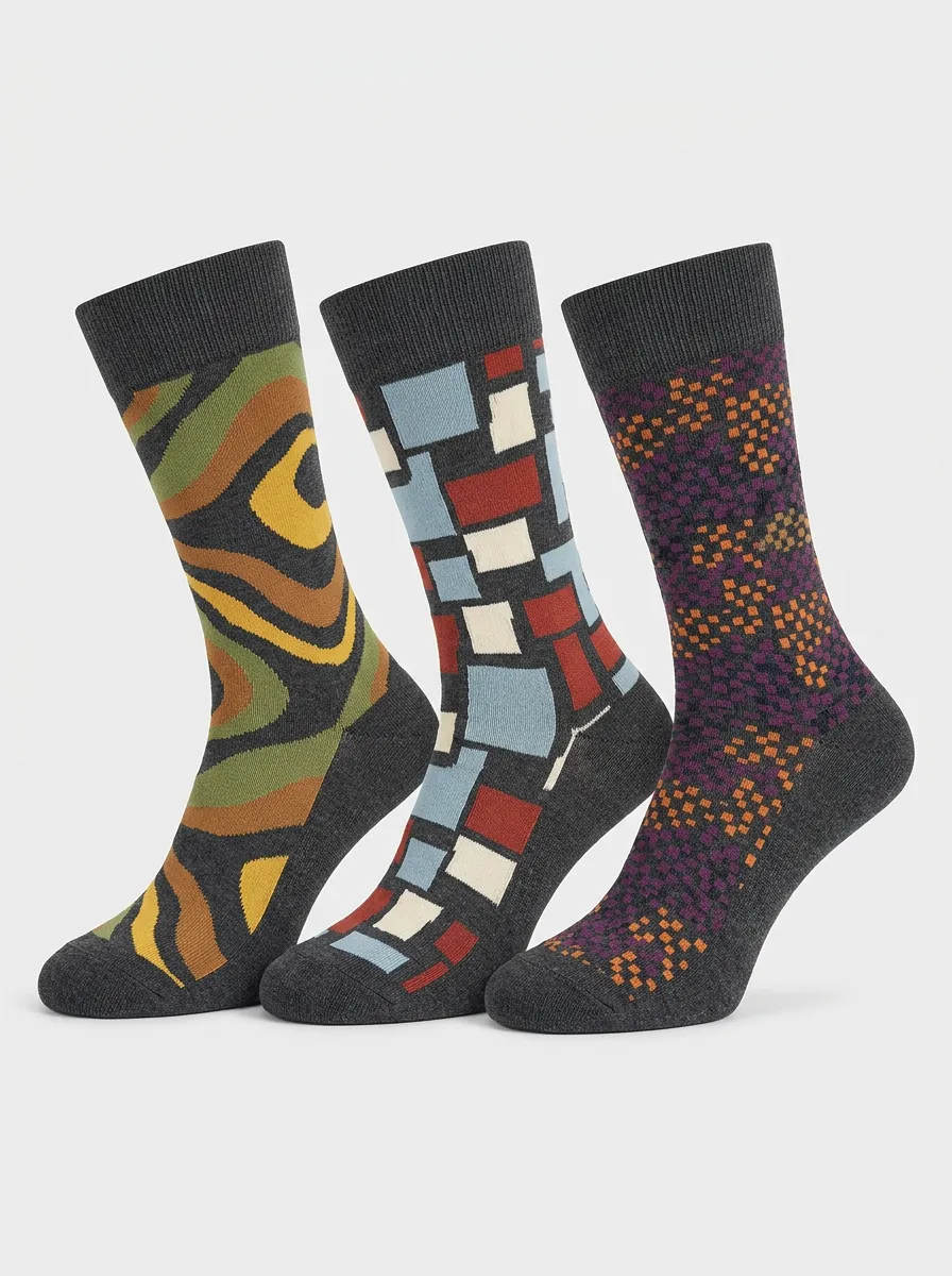 Men's Pixel Pattern Color Blocks Ribbed Crew Sock Set