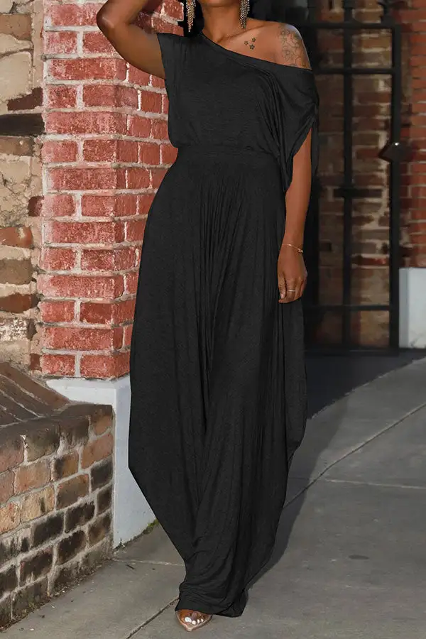 Solid Color Harem Asymmetric Neck Pant Set