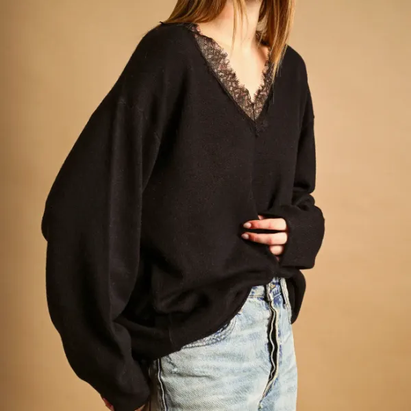 Eyelash Lace V-Neck Long-Sleeve Top
