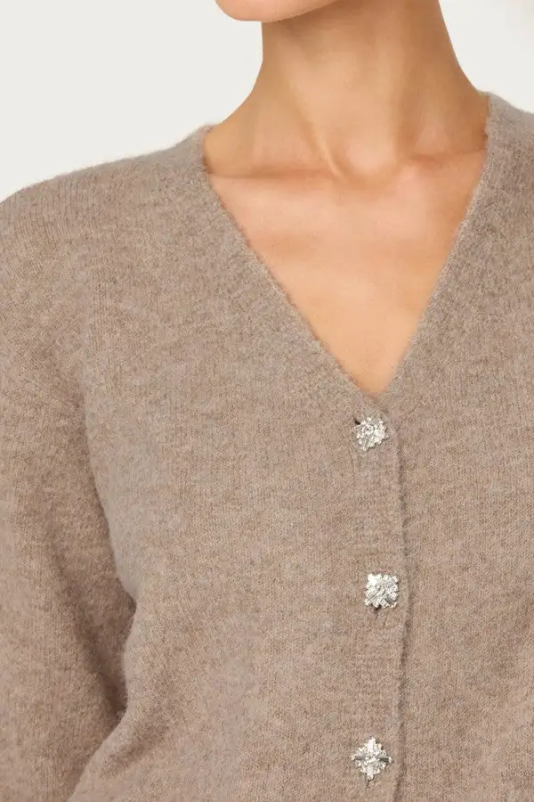 Women's Beige Feather Trim Knit Cardigan