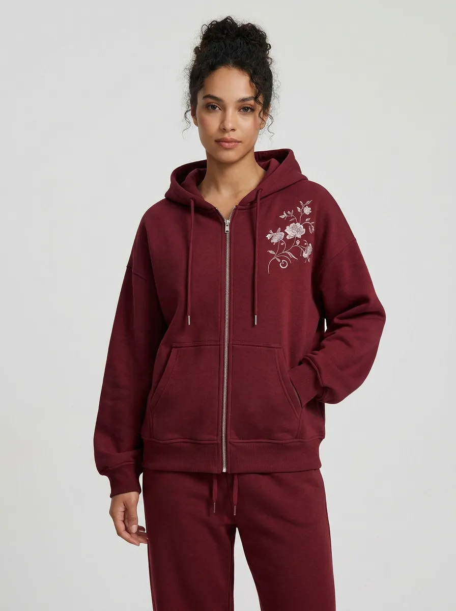Women's Lavender Floral Embroidered Zip-Up Hoodie Jacket & Straight-Leg Pants Set