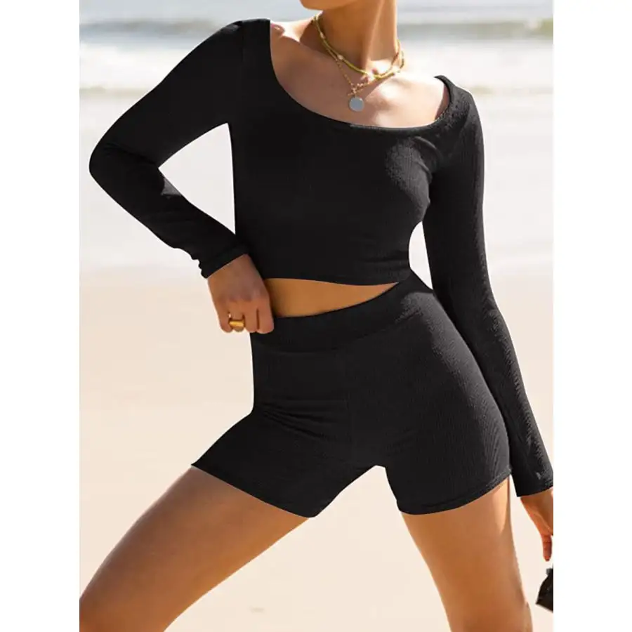 Scoop Neck Long Sleeve Top and Shorts Set