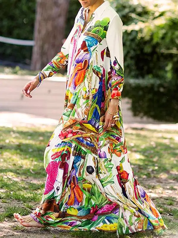 Loose Printed Long Shirt Maxi Dress