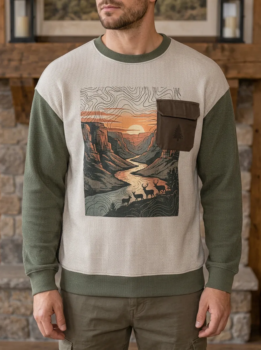 Men's Olive and Beige Graphic Waffle Knit Crewneck Sweatshirt