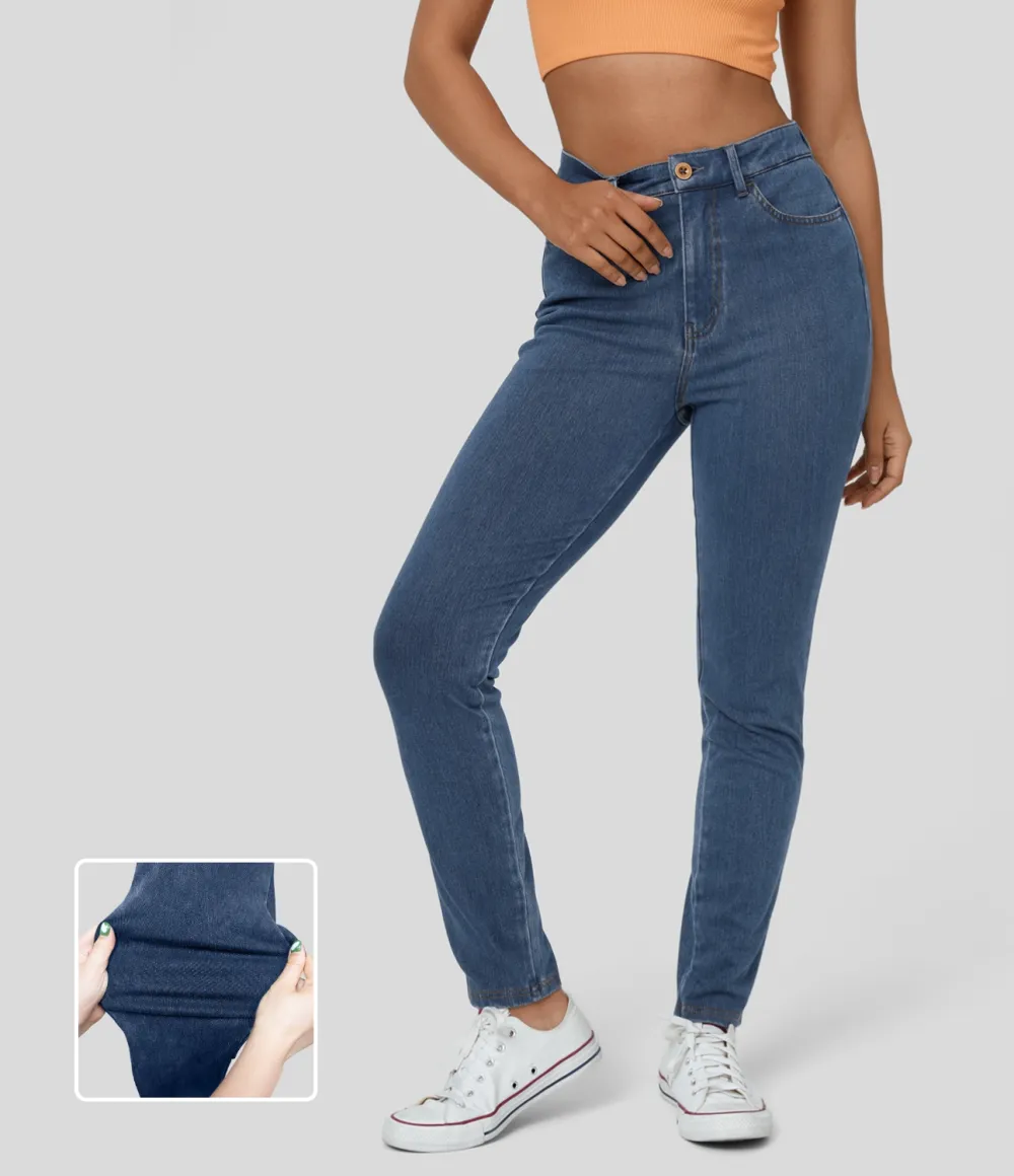 Magic High Waisted Button Zipper Multiple Pockets Stretchy Knit Casual Jeans