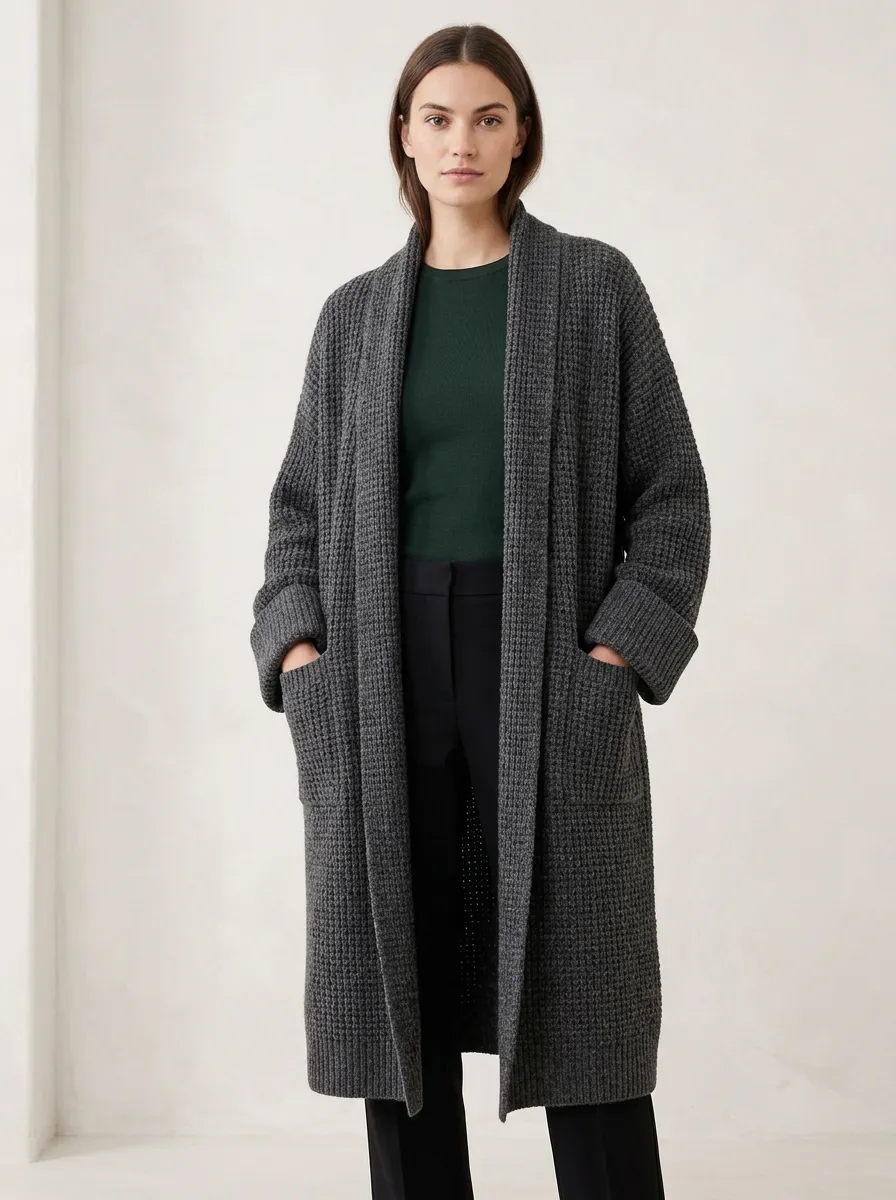 Women's Classic Waffle Textured Long Knit Cardigan