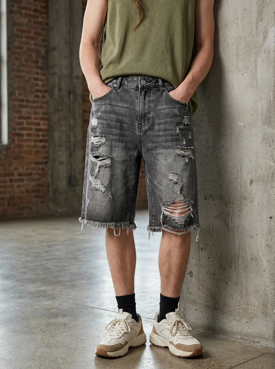 Men's Five Pocket Detail Raw Hem Denim Shorts