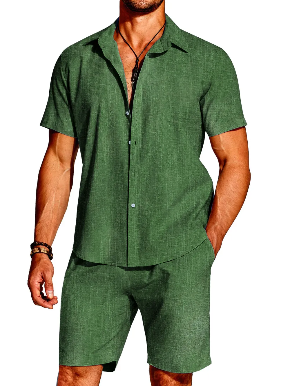 Linen Blend Short Sleeve Shirt Set