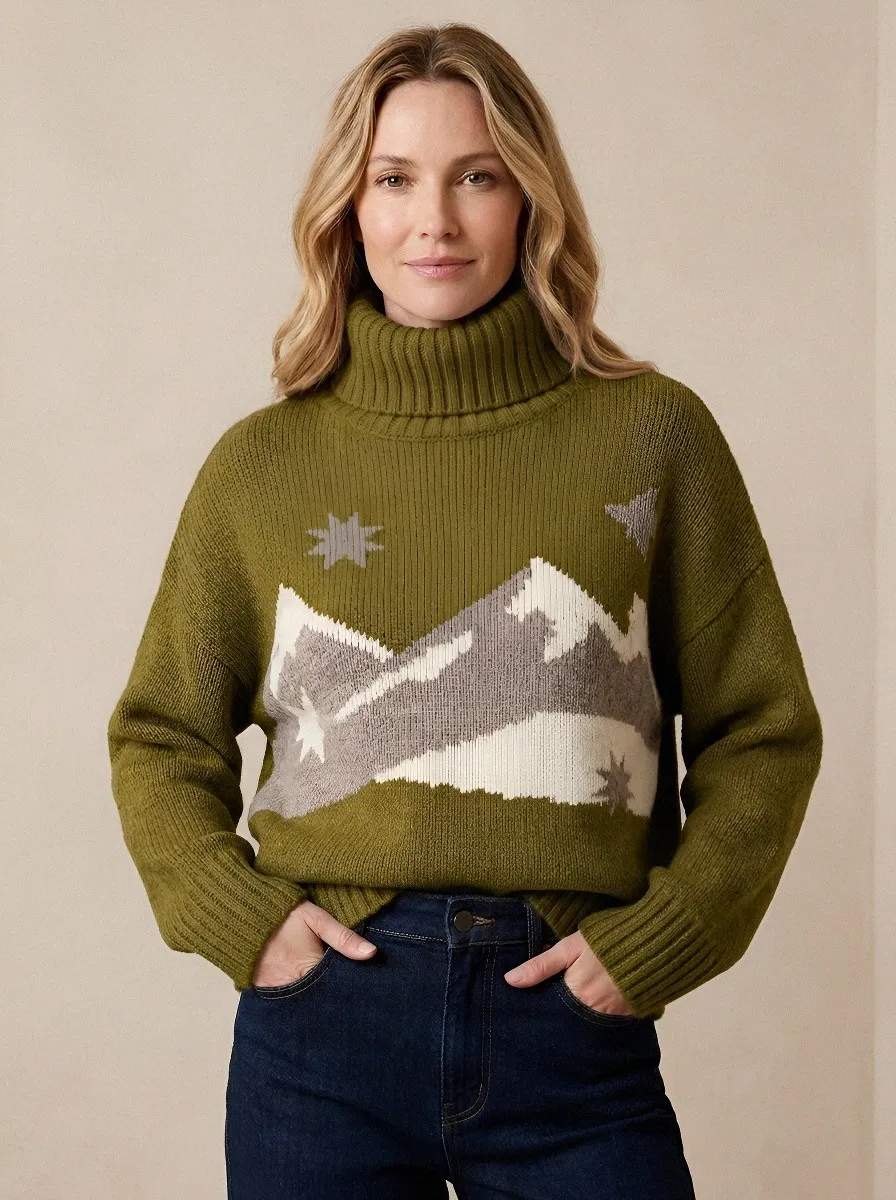 Women's Nature Lover Mountain Star Pattern Printed Turtleneck Sweater