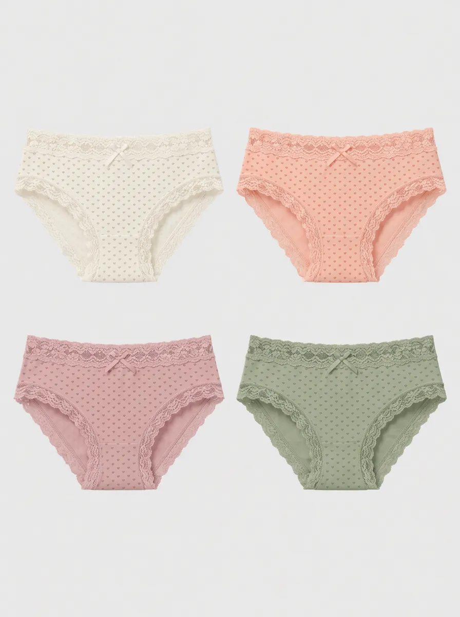 Women's Multicolor Heart-Pattern Lace Trim Briefs 4-Pack