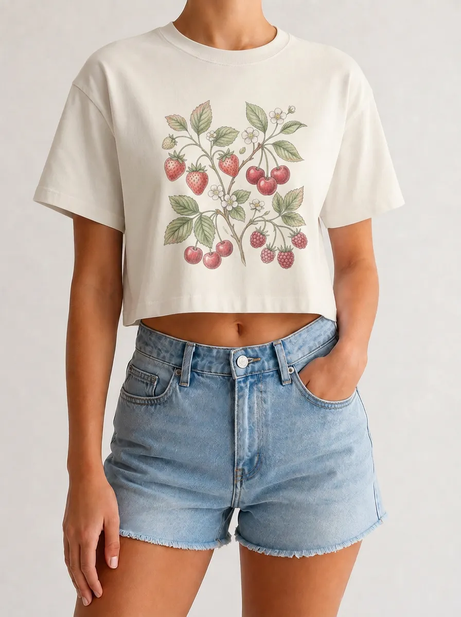Women's Botanical Fruit Lover Strawberry Cherry Raspberry Printed Crop Top