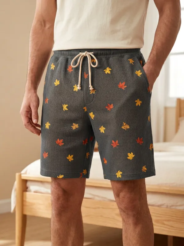 Maple Leaf Print Waffle Knit Drawstring Shorts