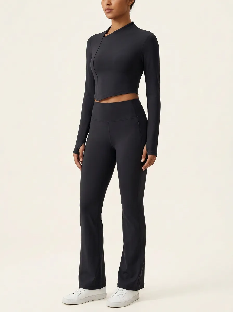 Women's Asymmetric Side-Zip Thumbhole Crop Top and Flare Legging Set