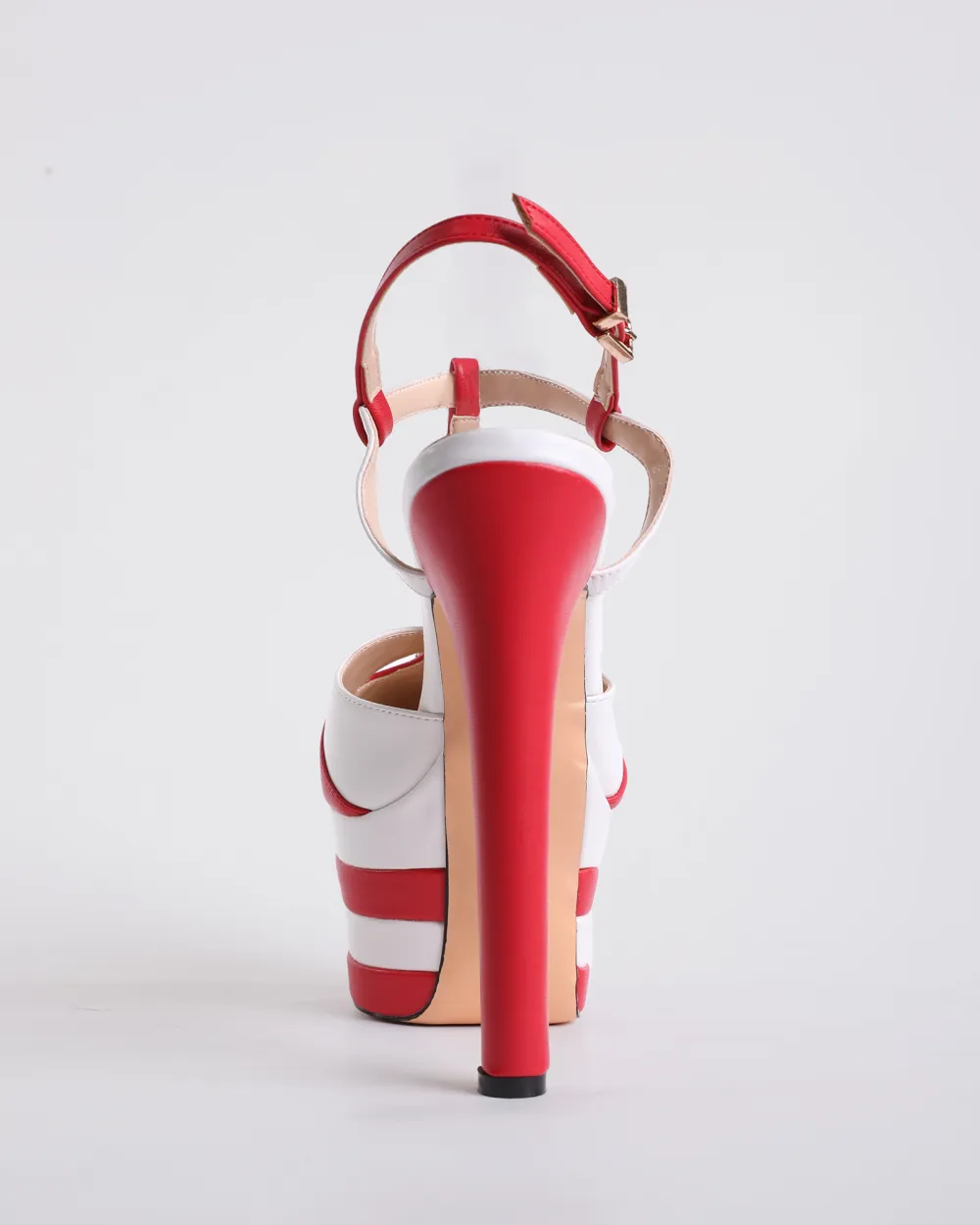 Vintage Stripe Rivet Strap Platform Heels in Red