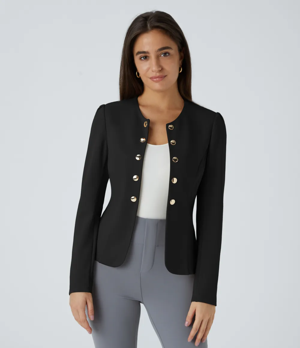 Round Neck Long Sleeve Decorative Buttons Slim Work Jacket