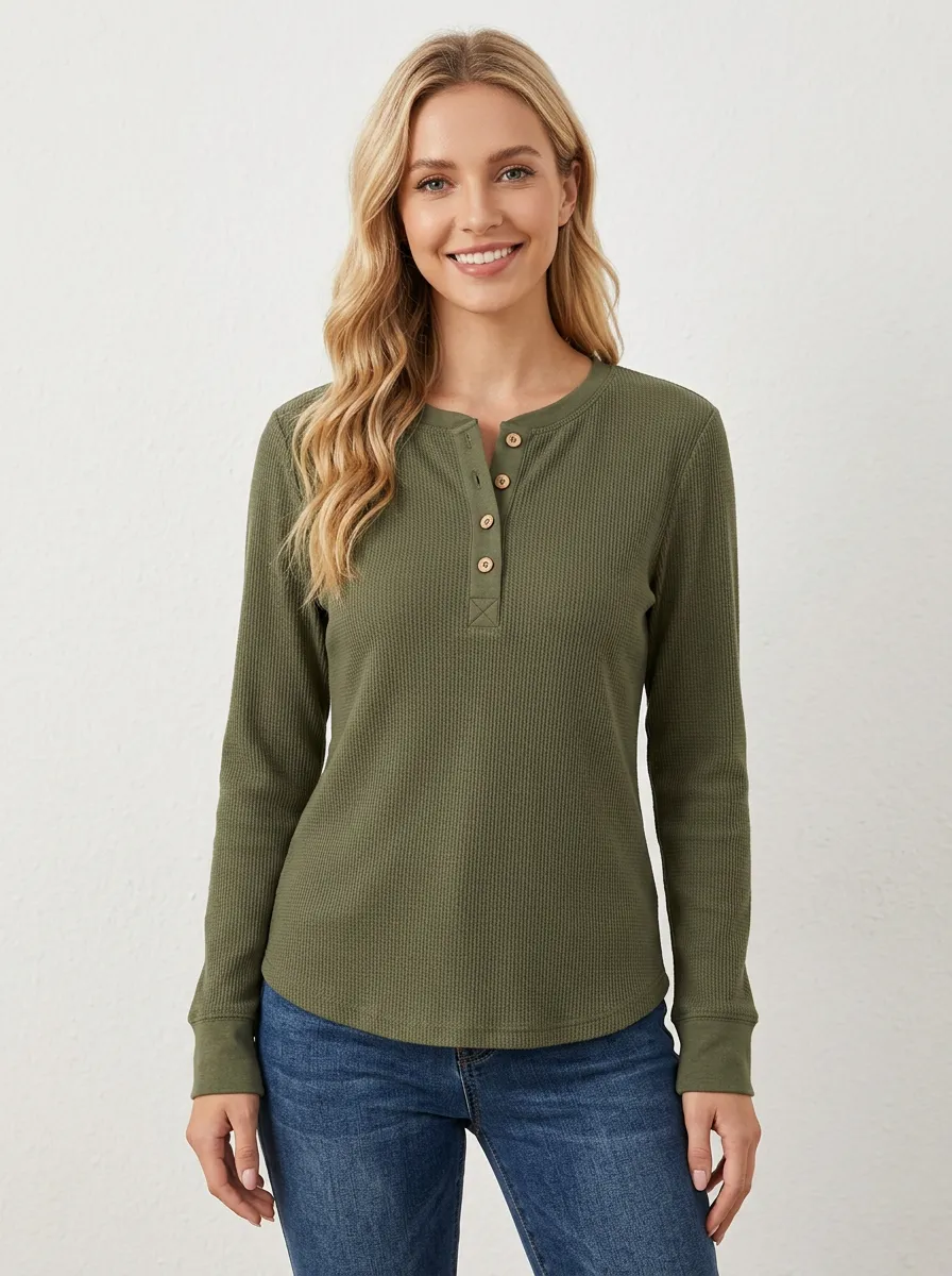 Women's Olive Green Waffle Knit Button Down Henley Shirt