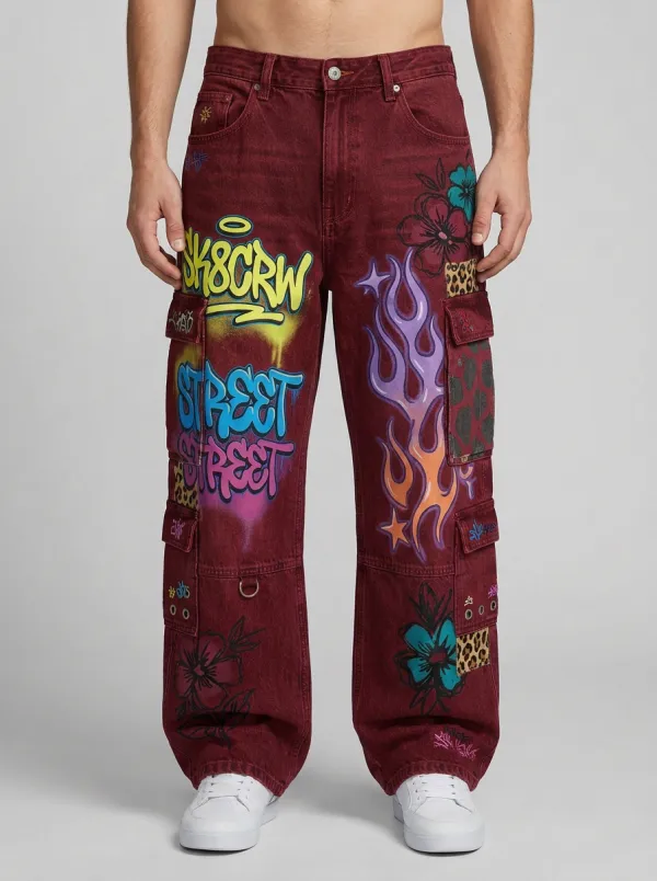 Men's Graffiti Flame Floral Graphic Cargo Jeans