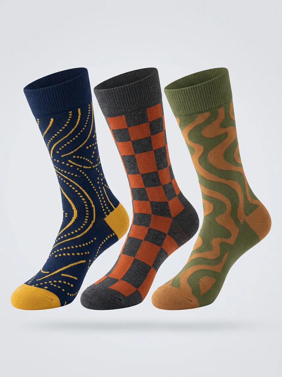 Men's Wave Pattern Checkerboard Patterned Sock Trio