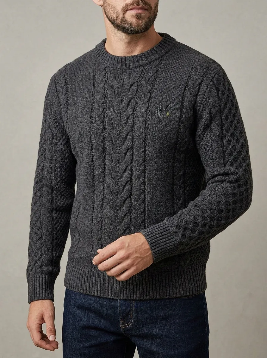 Men's Charcoal Outdoor Pine Tree Embroidered Knit Sweater