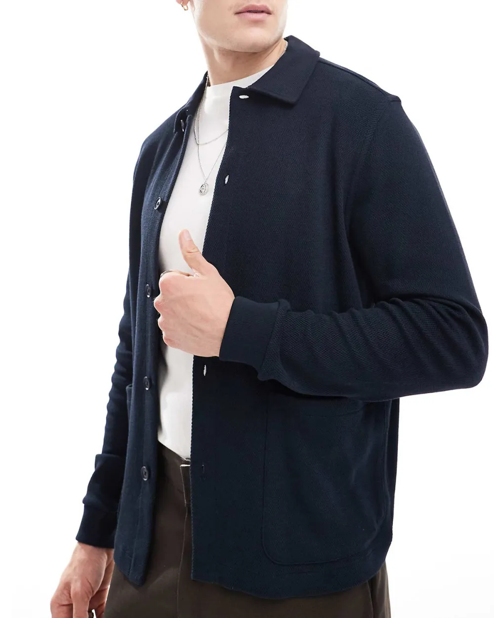 Long Sleeve Button Through Polo Shirt In Navy Blue Jersey