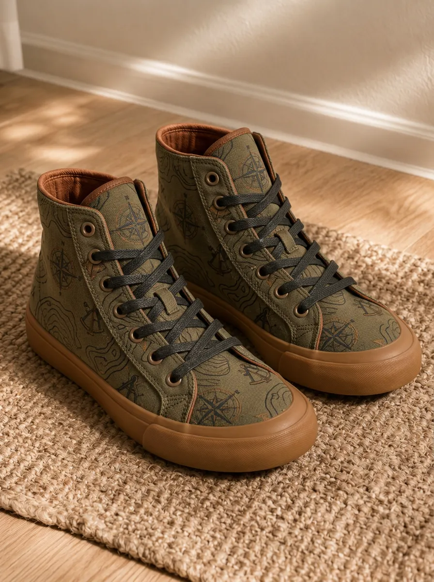 Men's Adventure Compass Map Printed Canvas High-Top Shoes
