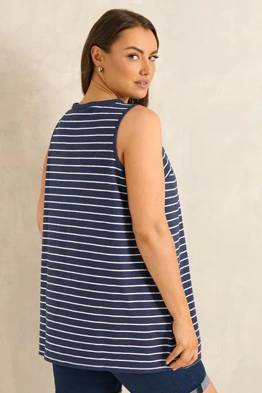Navy Blue Stripe Cotton Henley Vest Top