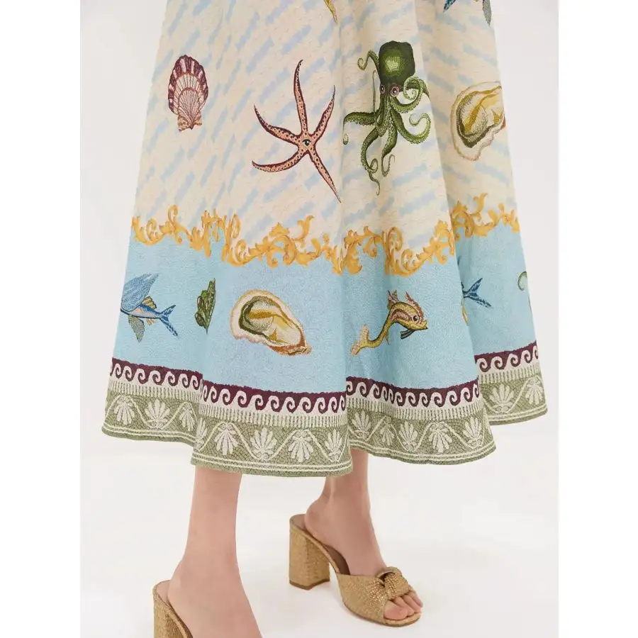 Ocean Print Spaghetti Strap Midi Dress