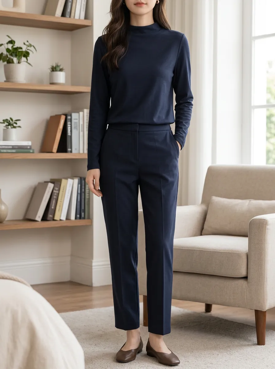 Women's Navy Mock Neck Long Sleeve Casual Relaxed Pants Set