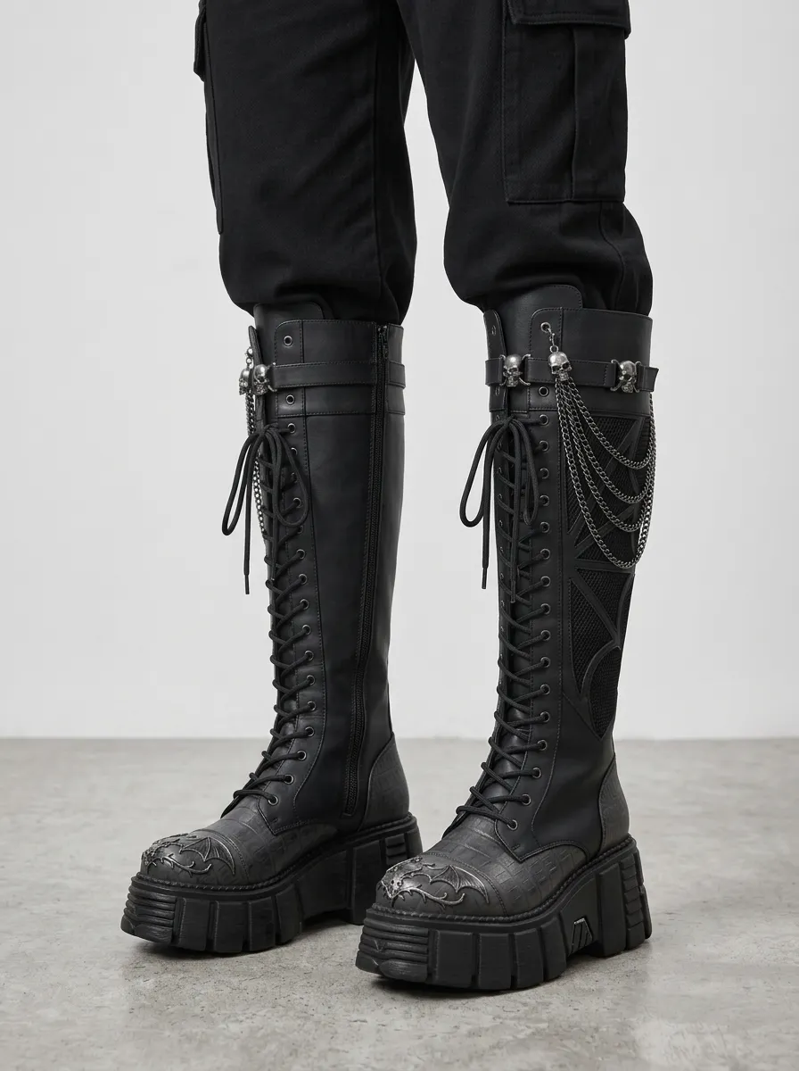 Classic Gothic Skull Bat Wing Silhouette Women's Gothic Platform Knee High Boots