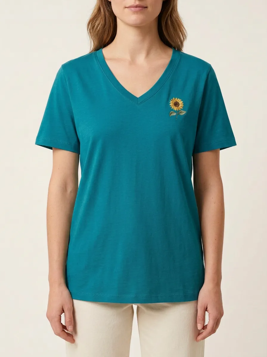 Women's Floral Sunflower Embroidered V-Neck T-Shirt