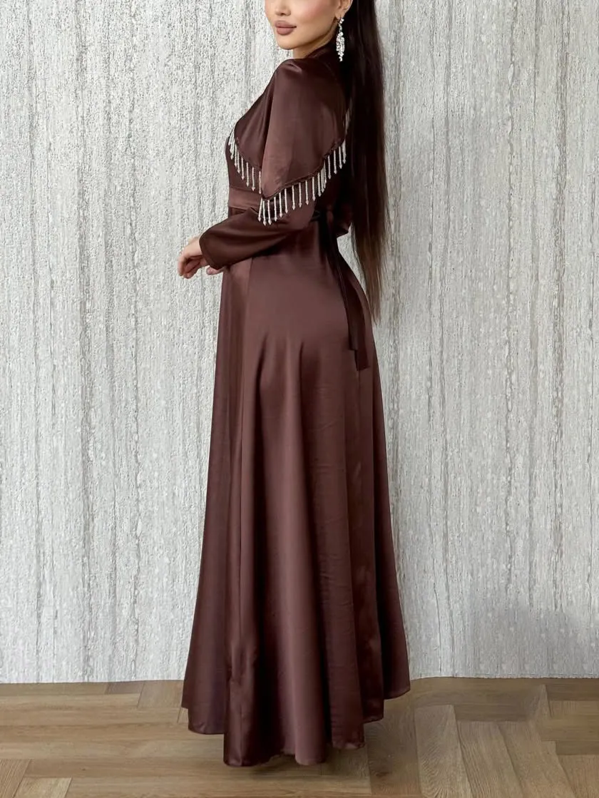 Satin Cape Detail Sleeve Maxi Dress